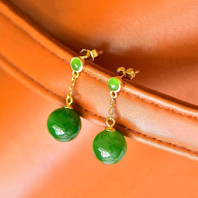 Original Design Silver Inlaid Spinach Green Hetian Jasper Round Beads Women\'s Earrings Simple Chinese Fresh Jewelry