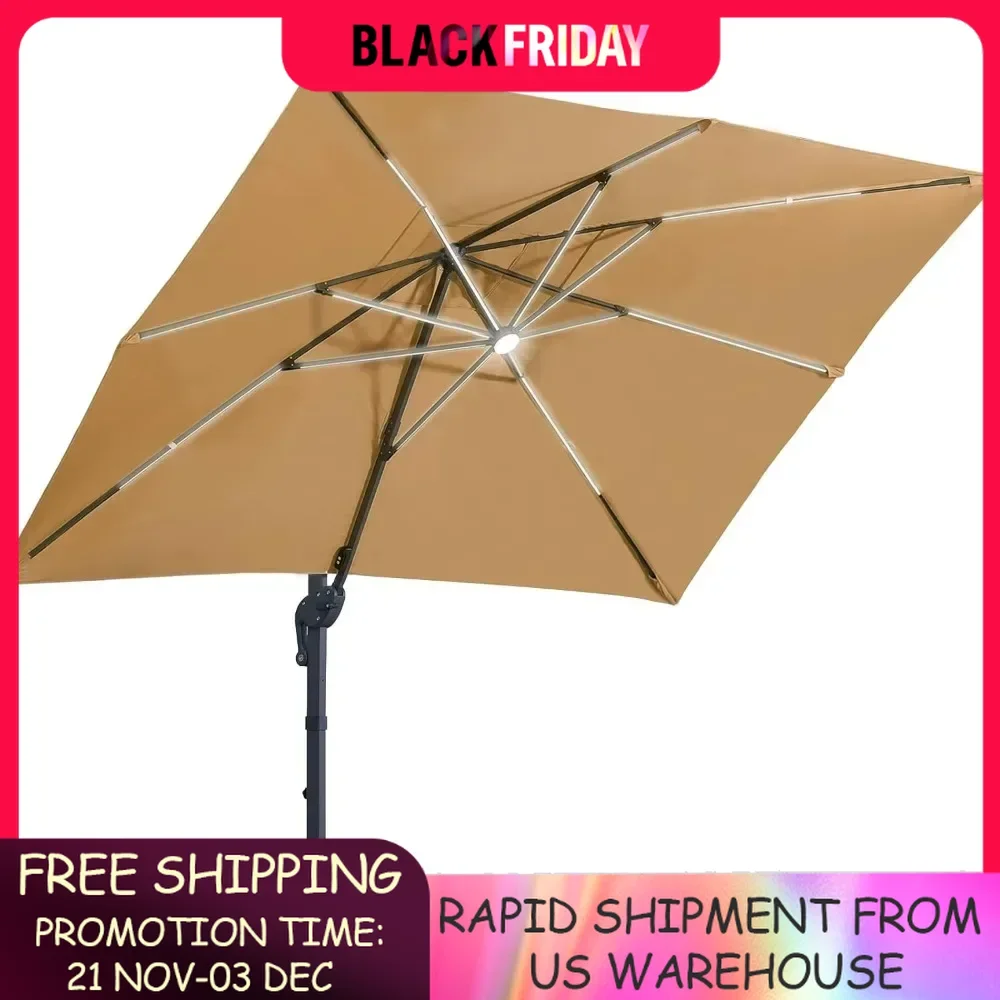 10x13ft Solar Powered LED Cantilever Patio Umbrella Square Deluxe Offset Umbrella 360°Rotation & Integrated Tilting System