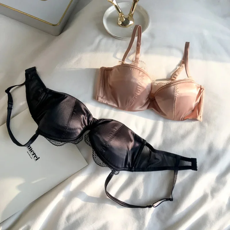 

One and a half cups of satin underwear feminine big breasts bras sets thin underwired lingerie with panty suit