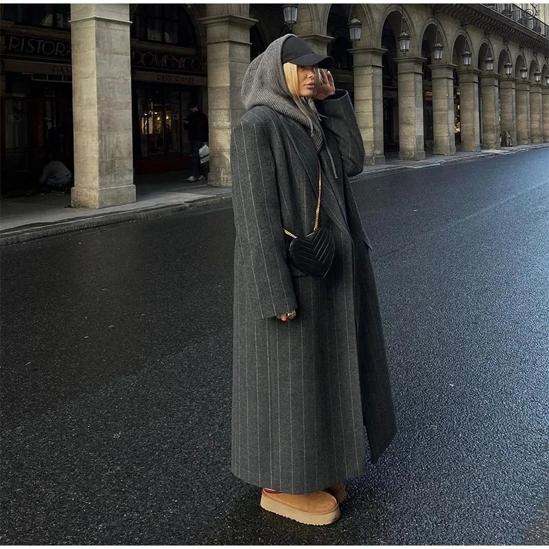 Women's Coat Jacket Stripe Turn-Down Collar Dropped Shoulders Female Jackets Oversized Classic Autumn Long Coats For Ladies