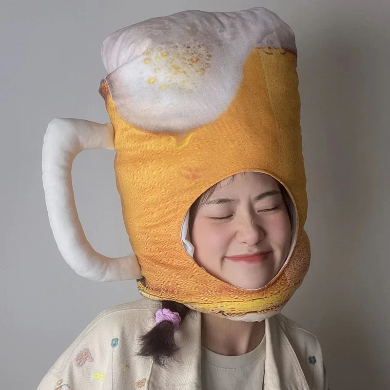 Creative Japanese Funny Cup Yellow Beer Plush Hat Toy Cartoon Full Headgear Cap Cosplay Costume Party Photo Props