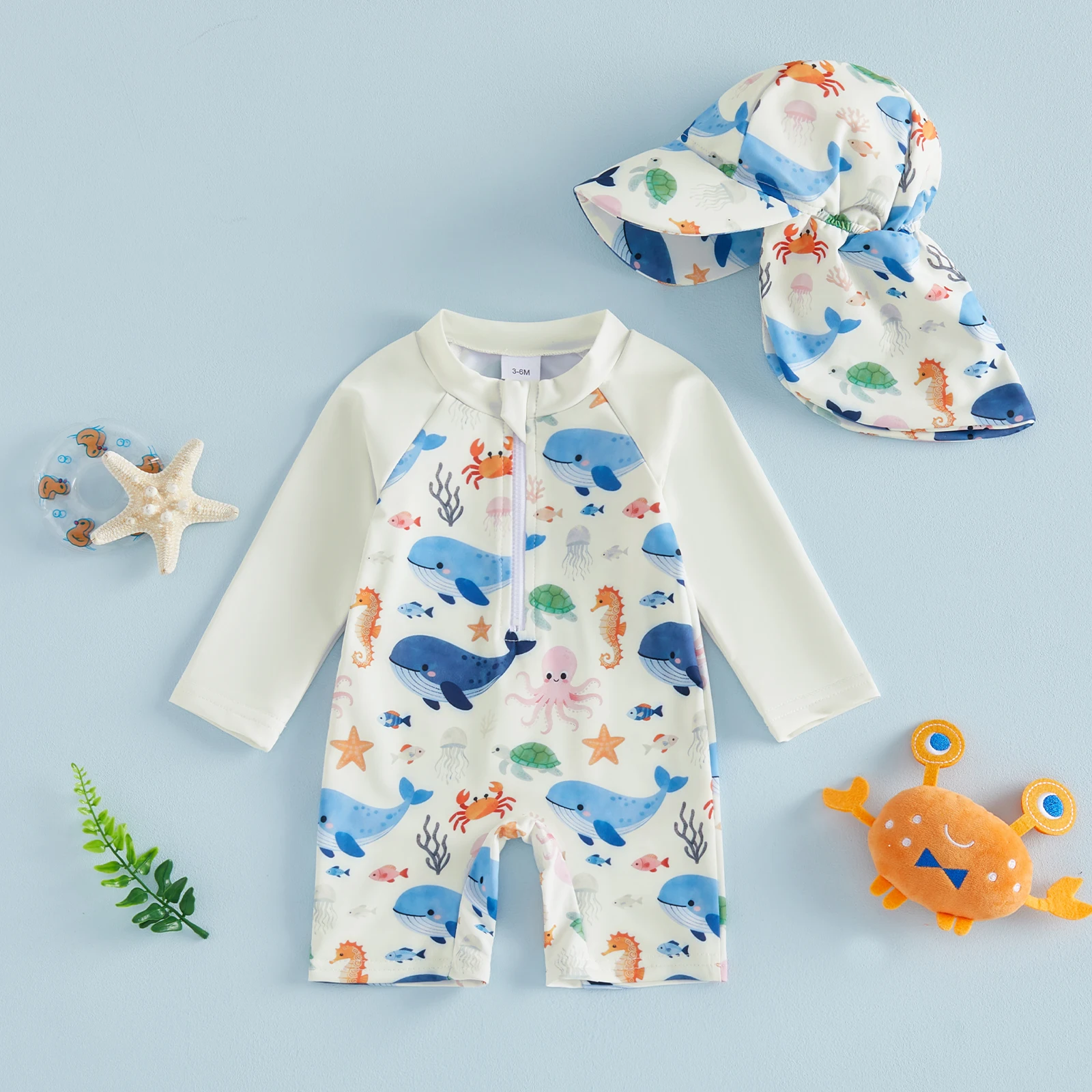 

Купальник для маленьких мальчиков с длинными рукавами и животным принтом, комбинезон с защитой от солнца и шапочкой, летний купальный костюм