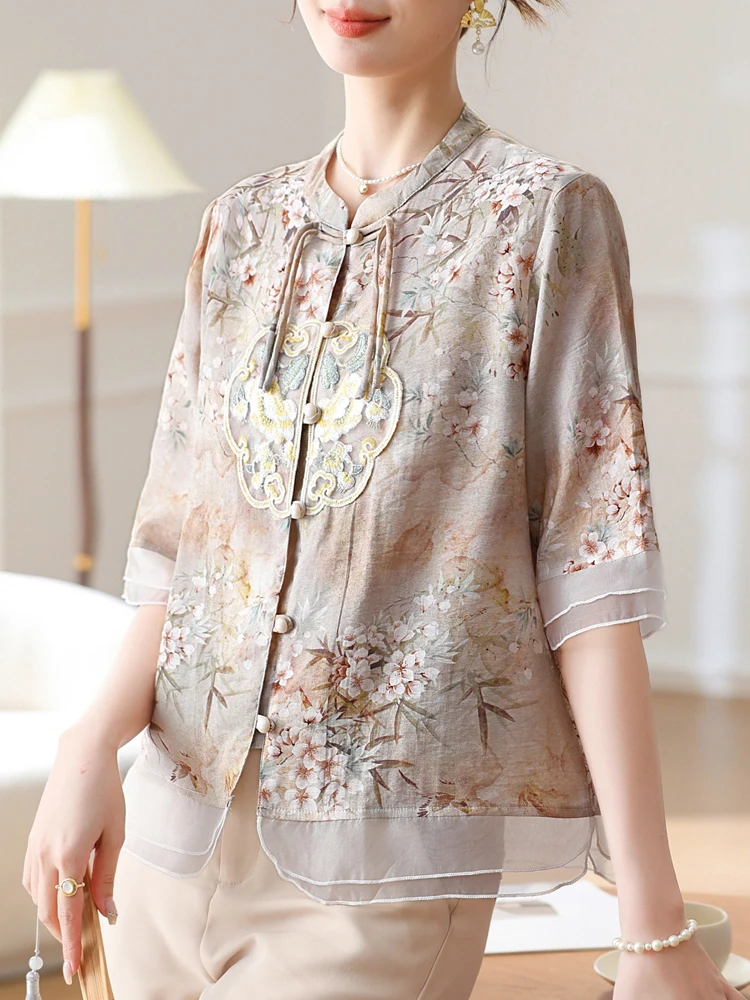 Chinese Style Print Summer Shirts & Blouses Women Short Sleeve Chiffon Clothes For Women Tees Top Single-breasted Shirt