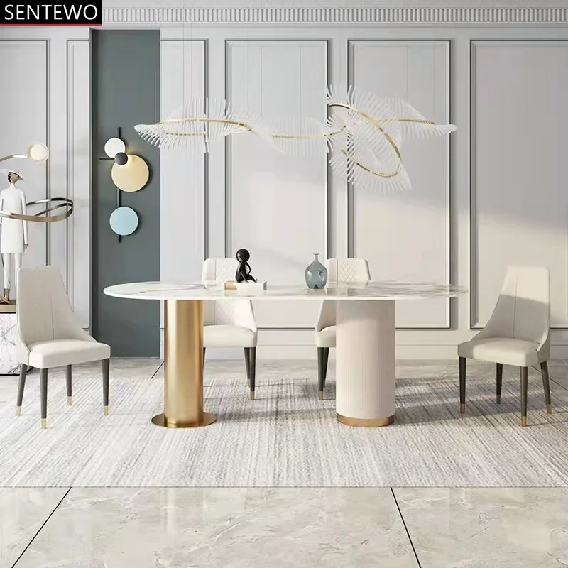 

SENTEWO Free Shipping Nordic Luxury Rock Slab Dining Table Set 6 Chairs Twin Pillars Golden Frame Dinning Tables With 4 Chair