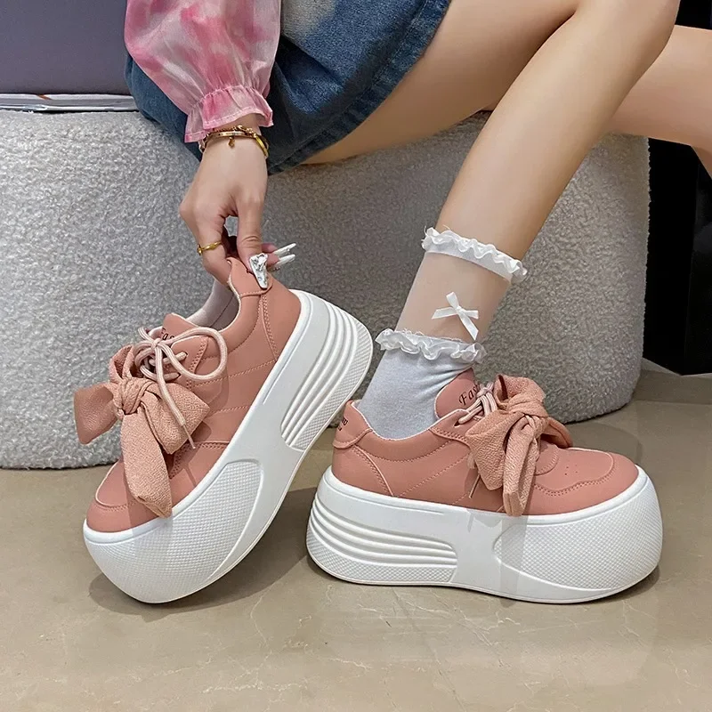 8CM NEW Pink Butterfly-knot Womens Sports Shoes Platform Comfortable Kawaii Casual Sneakers Athletic Ladies New Skateboard Shoes