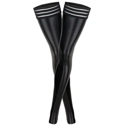 Women Sexy Latex Tights Pantyhose Patent Leather Lace Thigh Socks Stockings For Party Club Wear Hot Lingerie