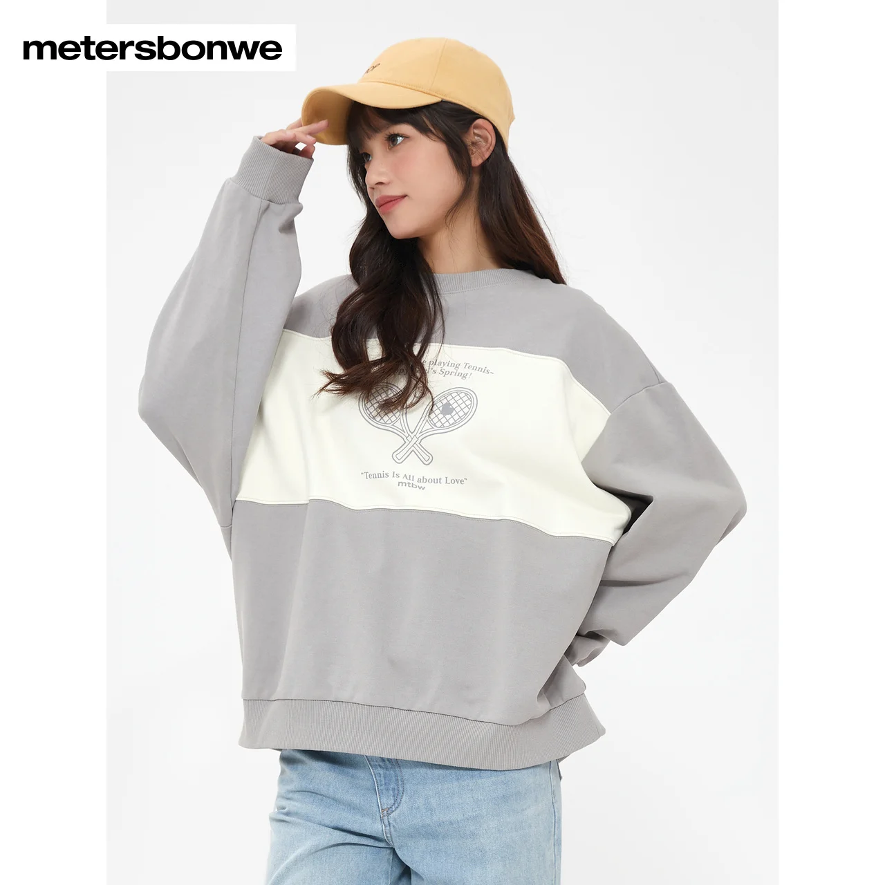 

Metersbonwe-Women's Knit Pullover 100%Cotton Overysized Round Collar Sweatshirt Campus Student Youth Spring Autumn