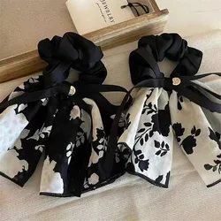 New Vintage French Style Ink Printing Bowknot Hair Scrunchies White and Black Yinyang Ribbon Hair Ties Rubber Bands for Women