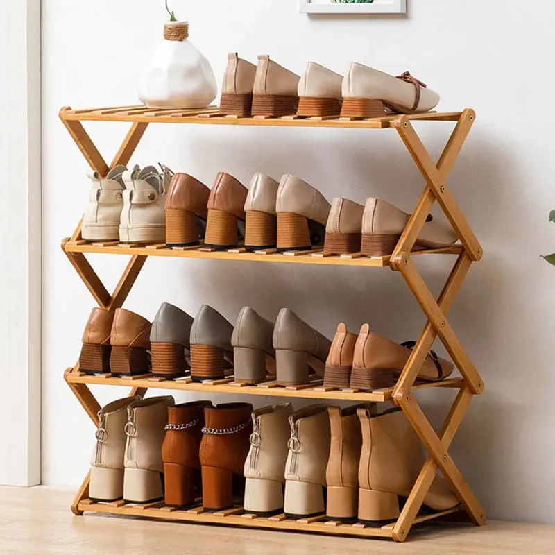 Shoe Rack Bamboo X-shaped Installation Free Multilayer Folding Shoes Rack Space Saving Shoe Stand Storage Shelf Home Furniture