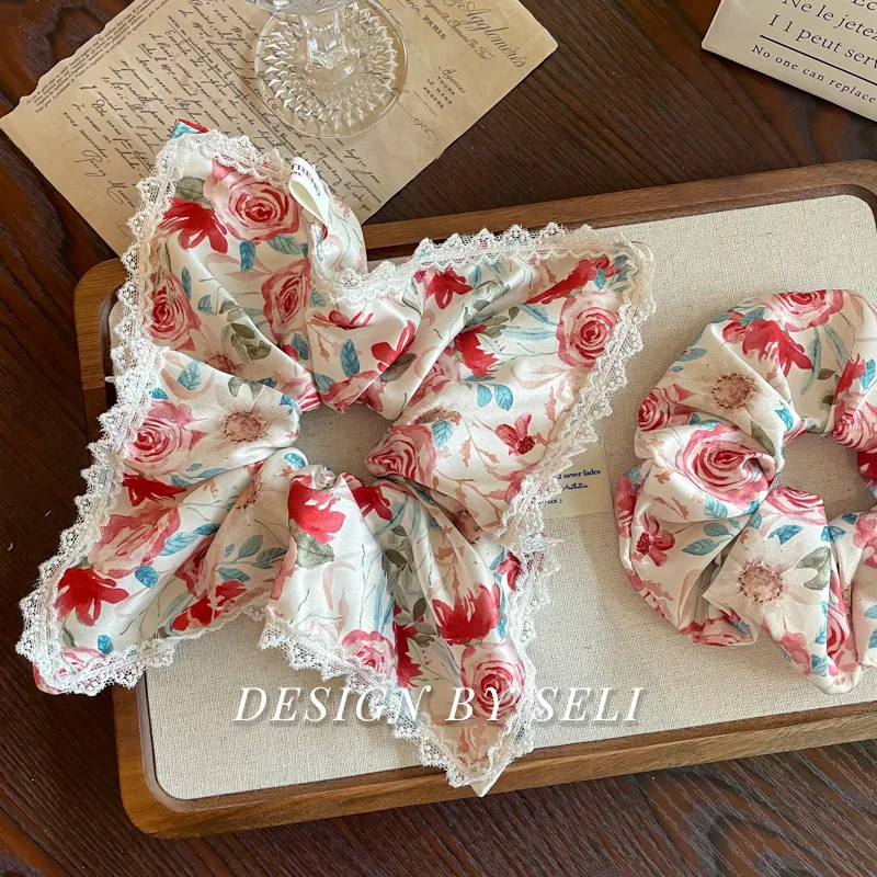 

French Satin Hair Band, Oil Painting Red Rose Square Scarf, Lace Hair Accessories, Gentle Hair Accessories For Women