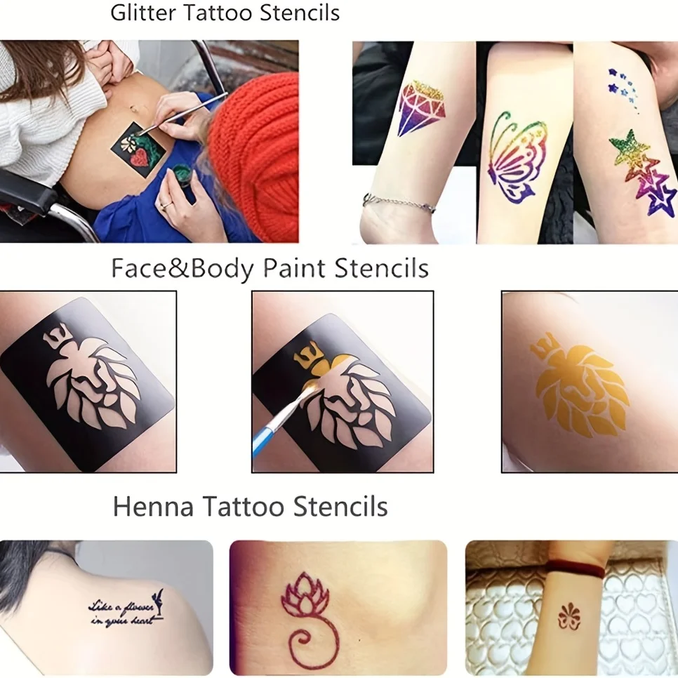 52-107pcs Glitter Temporary Tattoo Stencils Airbrush Henna Tatoo Stencil Kit for Women Men Kids Face Body Paint DIY Art Reusable