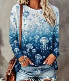 Women Long Sleeve T‑Shirt Oil Painting Gradient Underwater Fish School Print Crew Neck Loose Casual Daily Blouse Tops