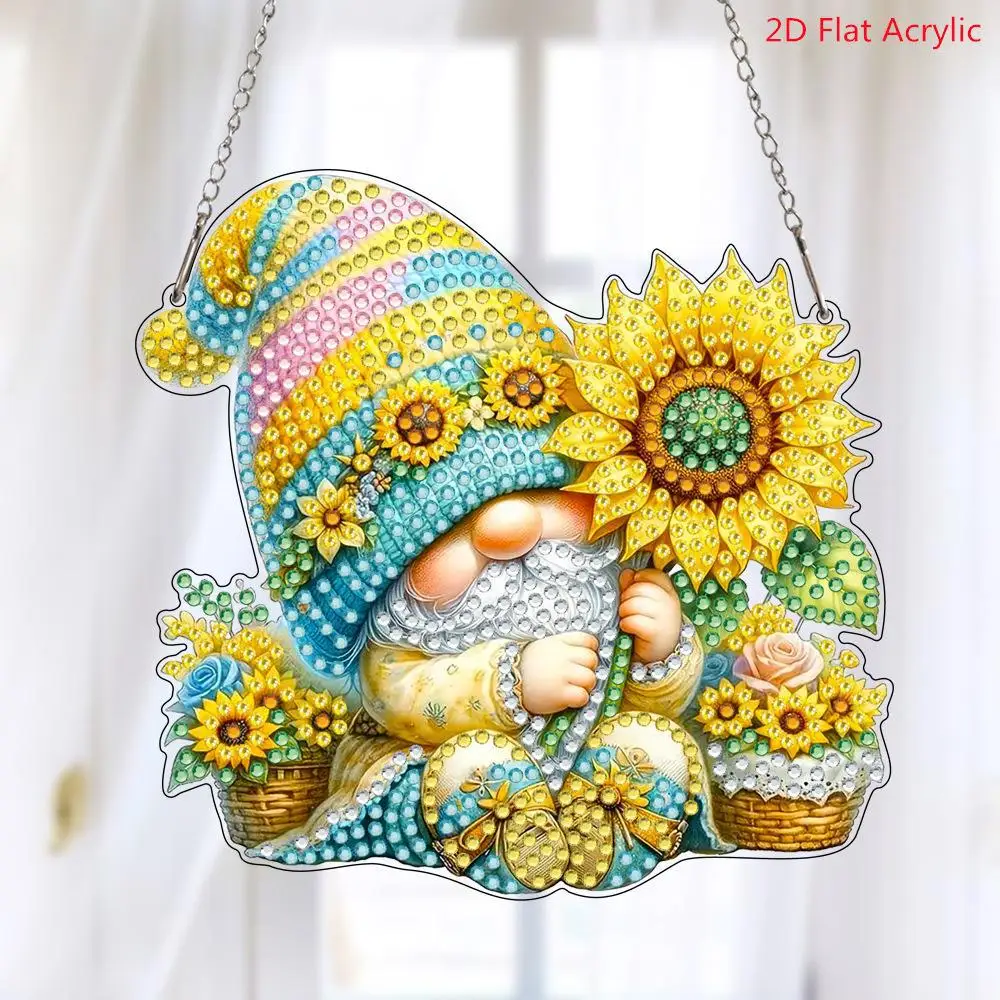 Sunflower Gnome 2D Flat Acrylic Diamond Painting Suncatcher DIY 5D Crystal Rhinestone Mosaic Hanging Ornament Window Wall Decor