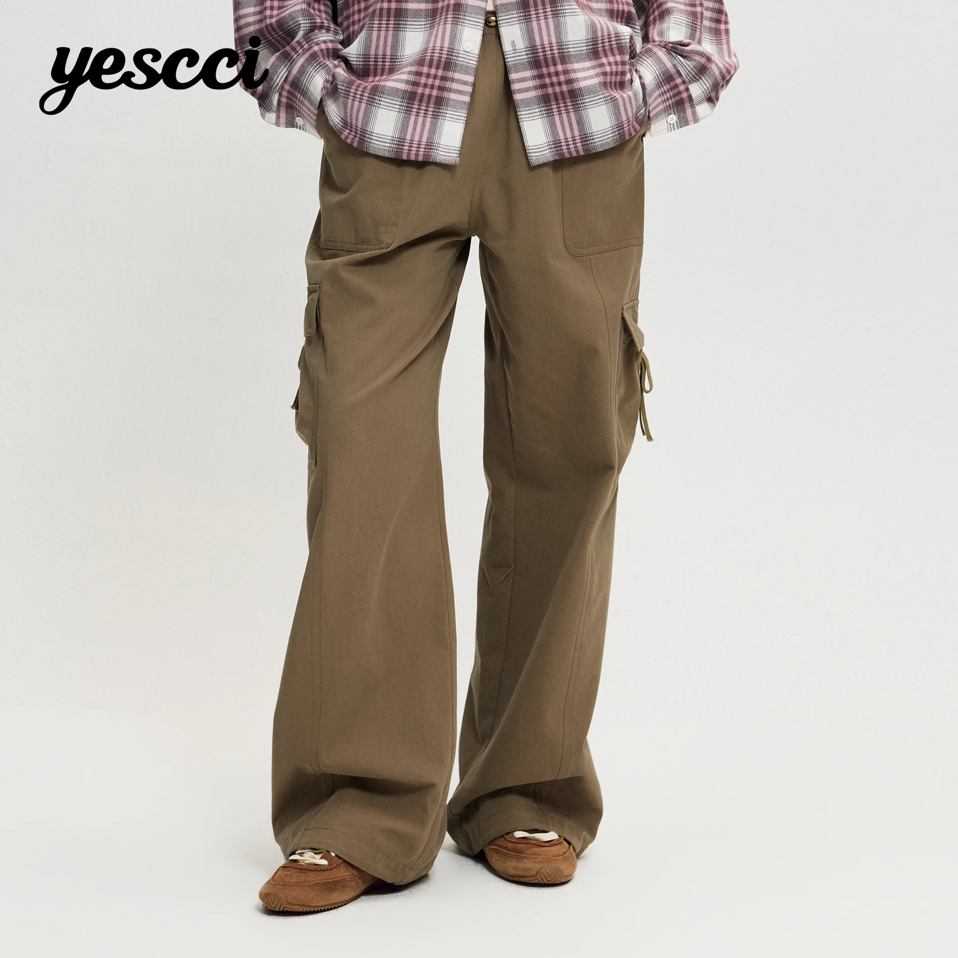 YESCCI Sporty Cargo Pants Autumn New Skin‑Friendly Cotton Women's Wide Pants Elastic Waist 3D Pockets Daily Pants Y716083118