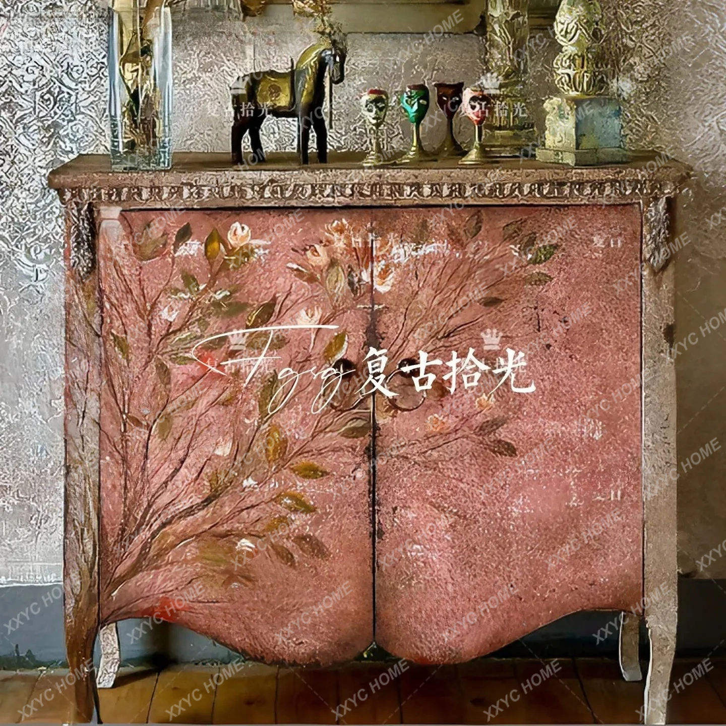 L retro style hand-painted flower entrance cabinet, double door carved locker, old decorative cabinet