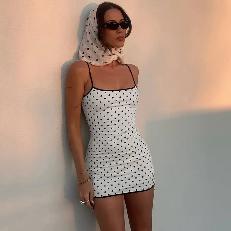 Absobe mujeres negro blanco dibujo de lunares Slip Mini vestido sin espalda Correa elegante Sexy noche ceñido vestido corto ropa de fiesta