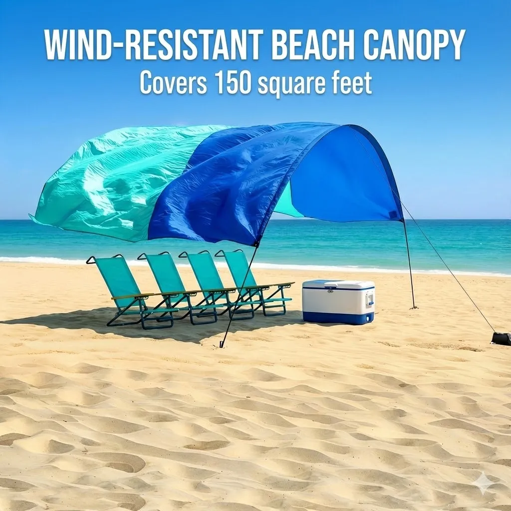 

Wind-Resistant Beach Shade Tent 150 sq ft oversized canopy with sand anchors 4 lb ultralightweight UPF 50+ sun protection tent