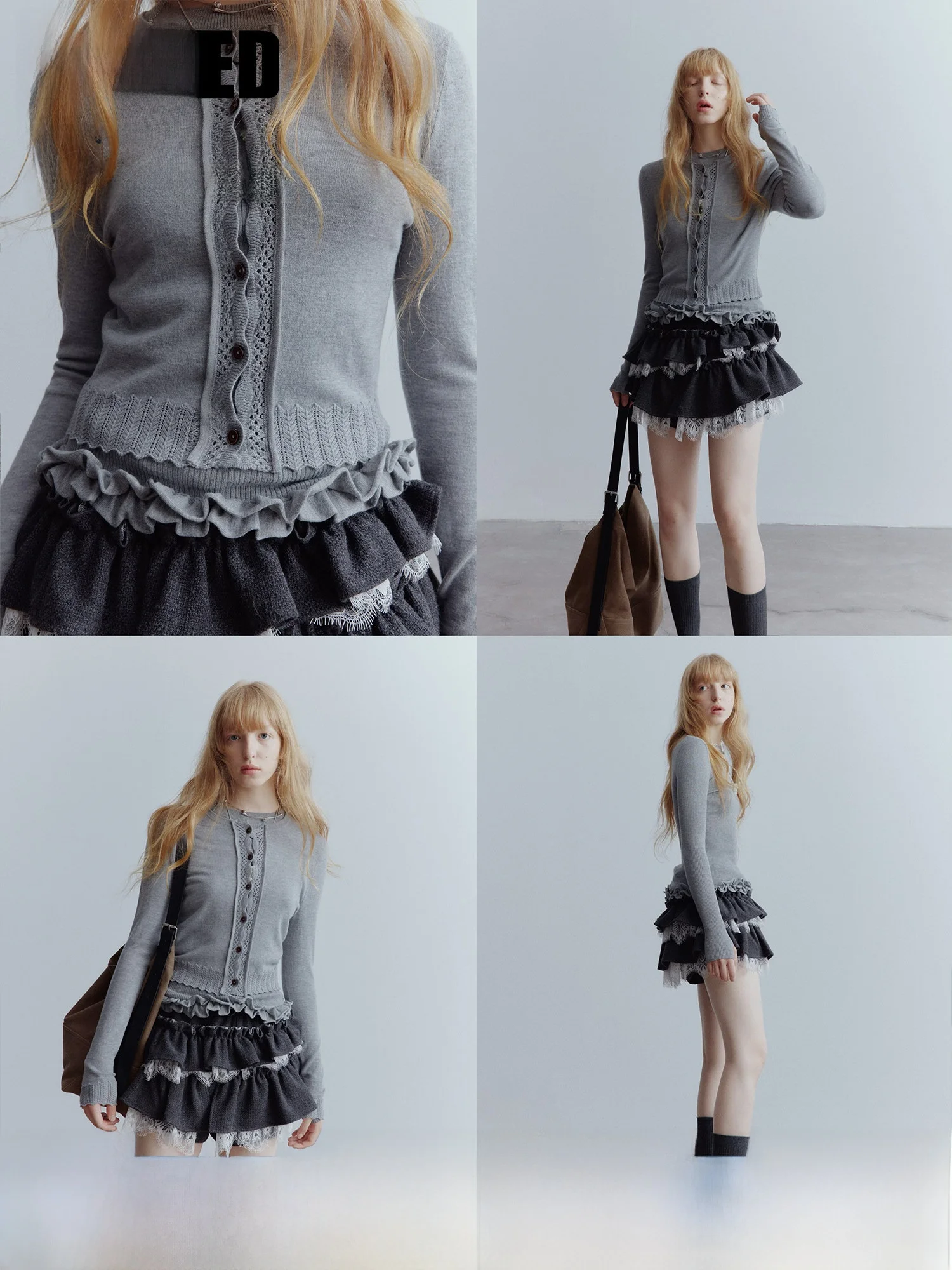 

Fussed Urban Collection Chaos Girl 00 Wool Hollow out 3D Wooden ey Sweater Set Women's Sweet Sle Slim Fit Long Sve