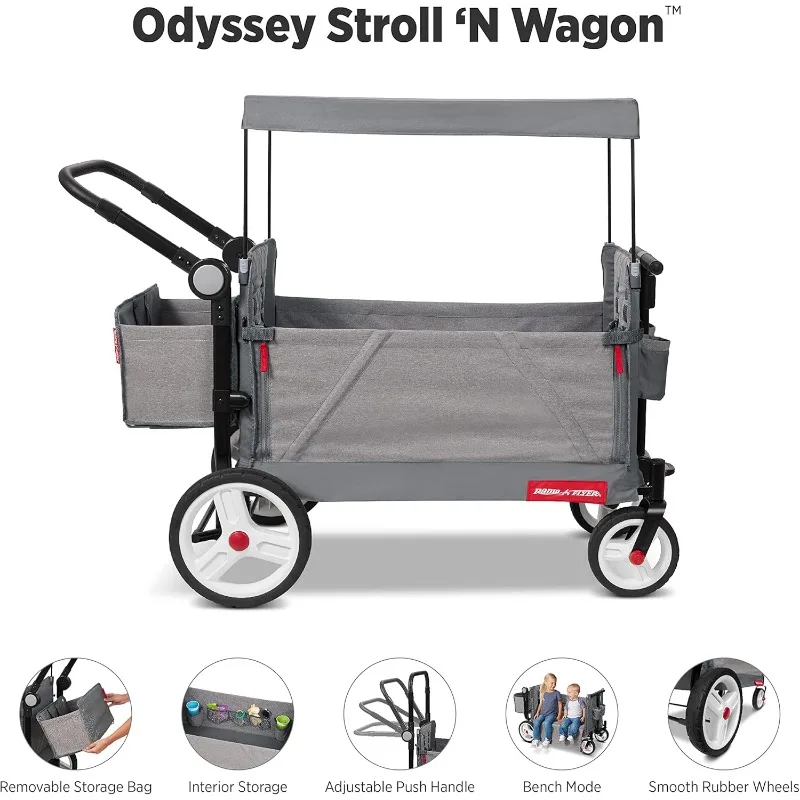 Stroll N Wagon Folding Push and Pull Stroller Wagon with Removable Rear Storage Bag for Ages 1 to 3, Light Gray