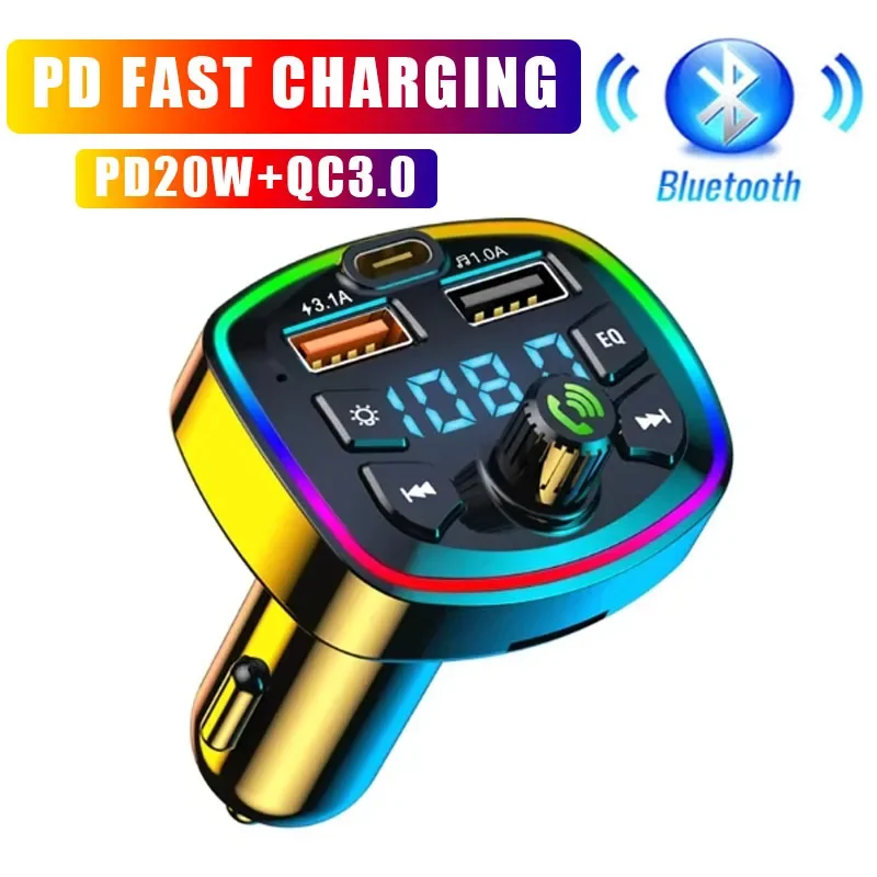 7 in 1 Car FM Transmitters PD20W+QC3.0 MP3 Player USB Flash Drive Memory Cards 128G RGB Light Fast Charging Bluetooth Receiver