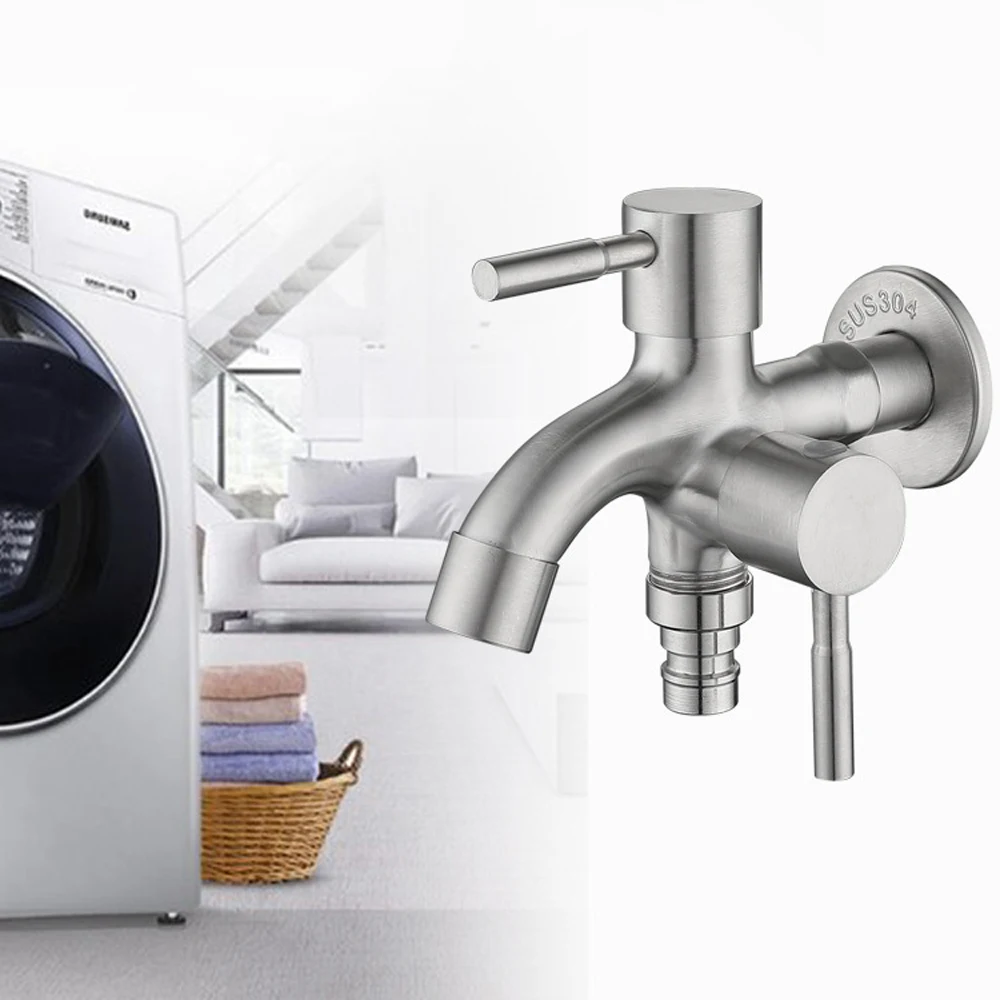 

1 in 2 Multifunctional Double Tap 1/2 Inch Stainless Steel Garden Spout Tap for Washing Machine Home Laundry Sink