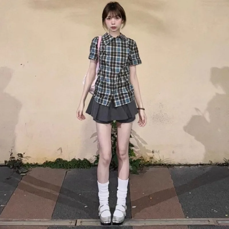 Korean College Style Youthful Sweet Girl Lapel Short Sleeved Plaid Shirt Fashion Pleated Skirt Summer Y2k Harajuku Two-piece Set