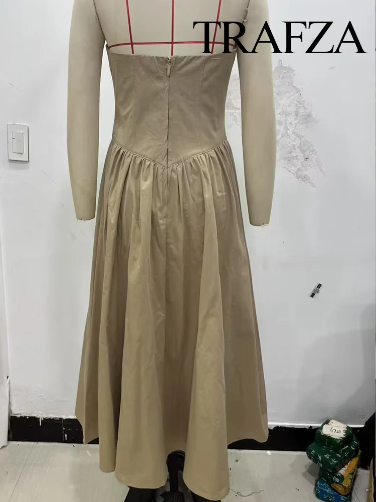 

TRAFZA Female New Fashion Chic Sleeveless Dresses Solid Strapless Backless Folds Zipper Women's Summer Sexy Slim Long Dress