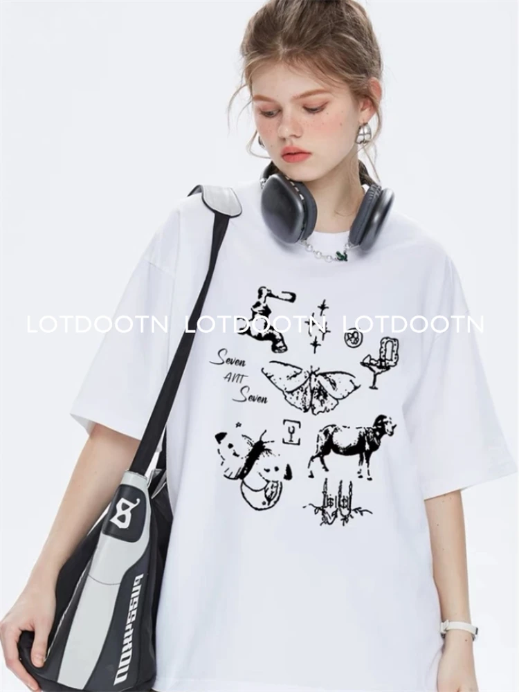 

LOTDOOTN Summer Cotton Butterfly Graphic Tshirt American Fashion Y2K Women Loose Retro Fresh Personality Harajuku Kawaii Clothes