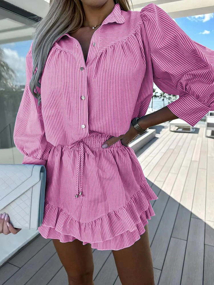 Women Loose Skirt Holiday Two Piece Set Casual Summer Streetwear Skirt Solid Outfit Female Button Shirt And Skirts Matching Suit