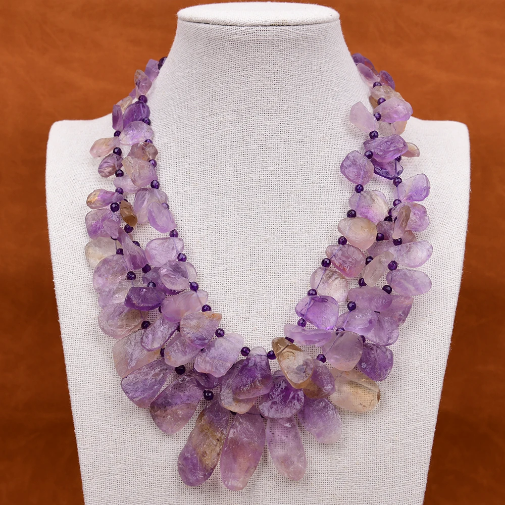 

G-G 3 Rows Natural Ametrine Rough Faceted Round Purple Amethyst Gems Necklace Handmade For Women Gifts