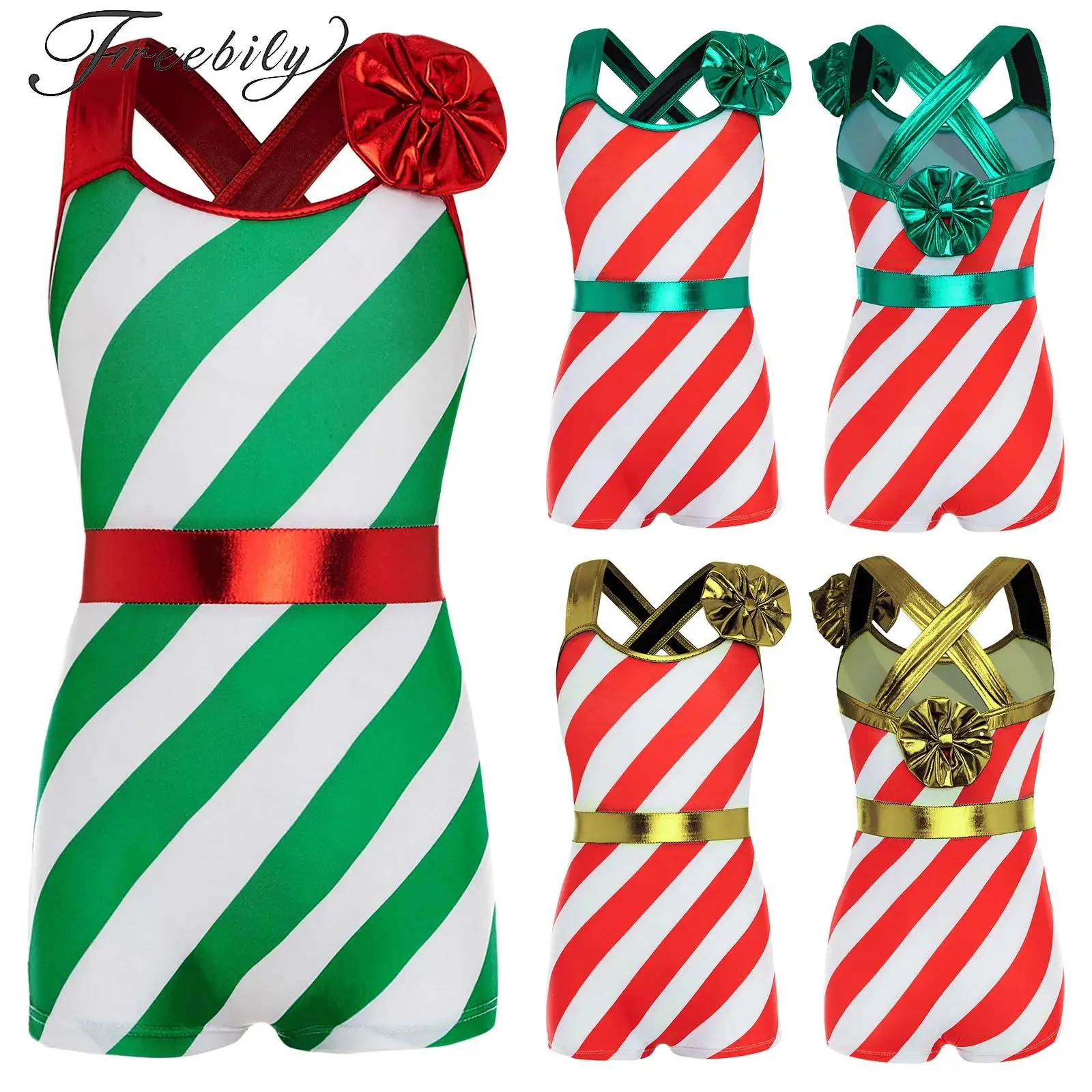 

Girls Candy Cane Striped Rhythmic Gymnastics Leotards Christmas Sleeveless Bodysuit Dancewear Figure Skating Performance Costume