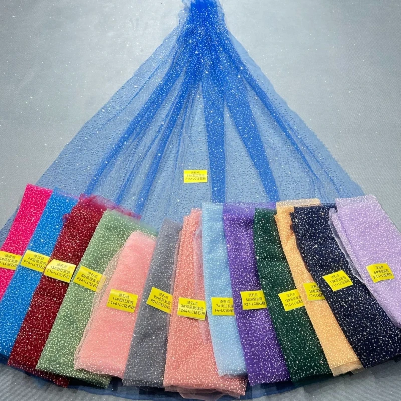 

10 Yards Blue Fadhion Design Africa Glitter Fabric Embroidery Net Lace With Glued Glitter Sequins Wedding Or Party Dress
