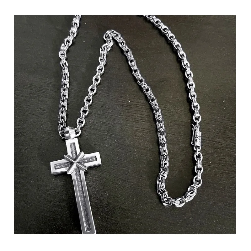 

Trendy Retro Personality Thai Silver Cross Pendant Niche Fashion High Sense Men's and Women's Necklace Old