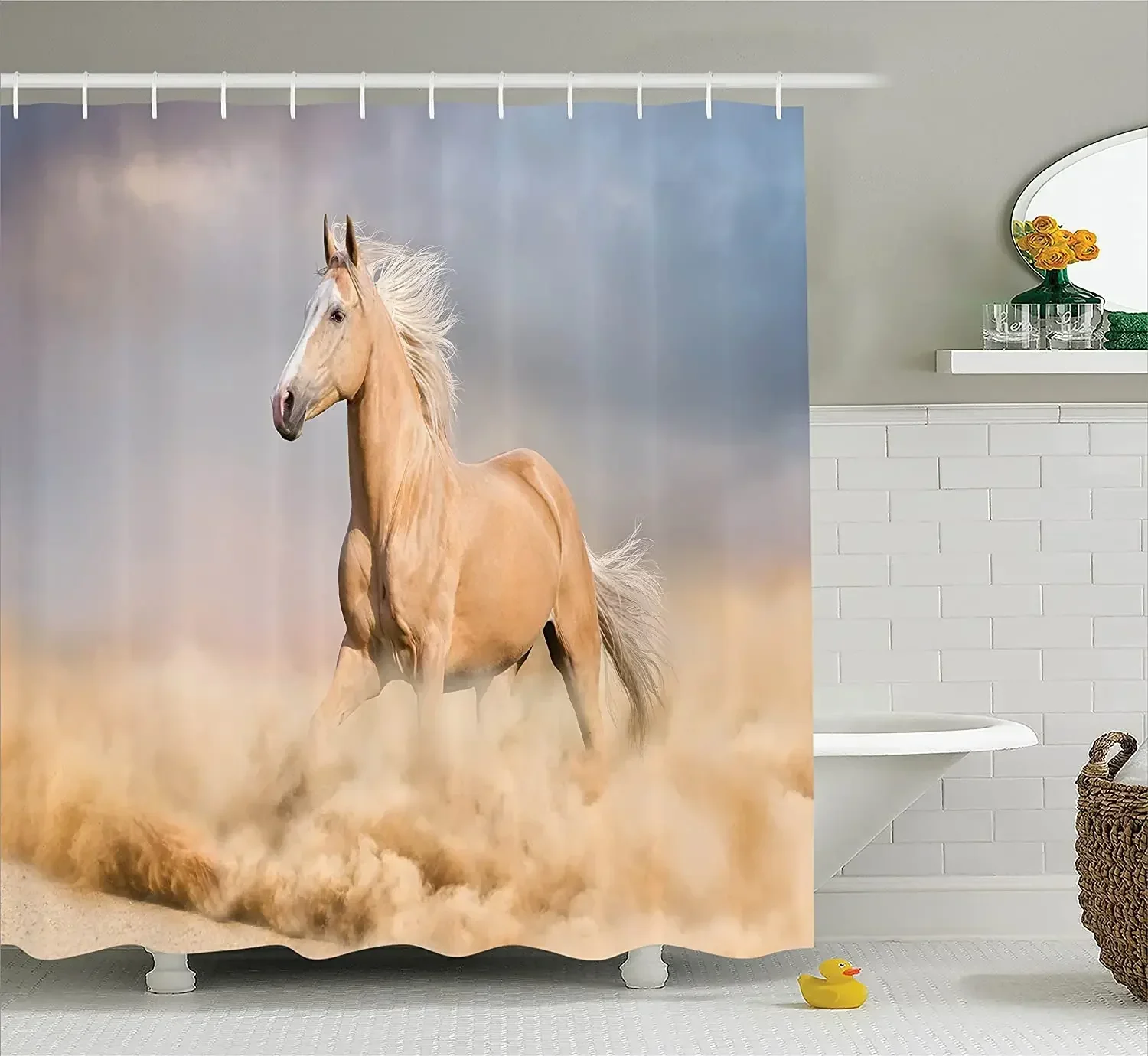 Animal Shower Curtain Palomino Horse in Sand Desert with Long Blond Male Hair and Tail Power Wild Animal Theme Bath Curtains