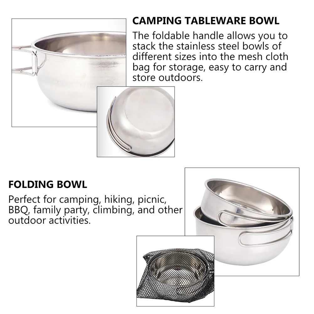 

3Pcs Stainless Steel Folding Bowl Mesh Bag Durable Practical Easy Carry Camping Hiking Picnic Bbq