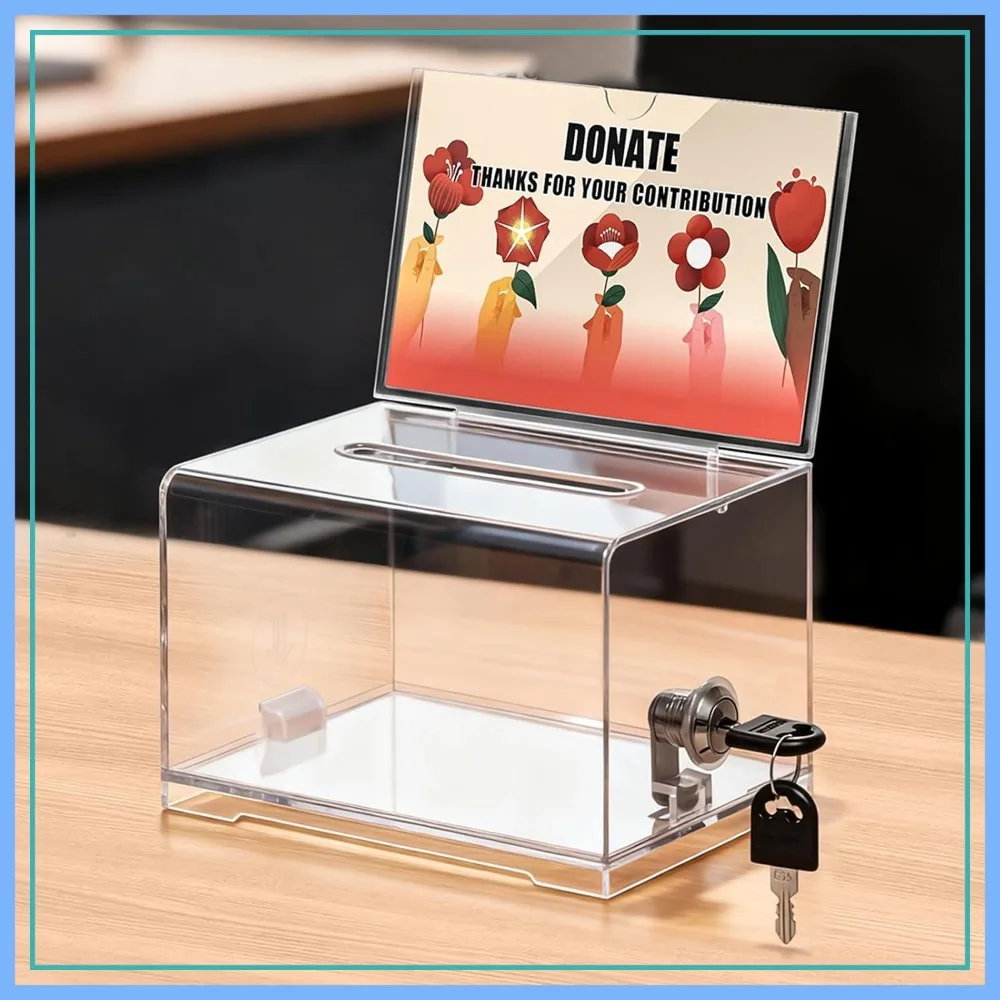

Clear Donation Box with Lock & Sign Holder, Secure Plastic Tip Jar for Fundraising, Voting, Raffles, 6.2x4.6x4.0 Inches