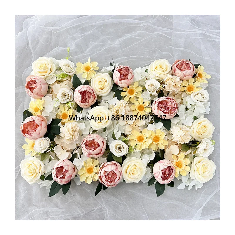 Mur d'hortensia de pivoine artificielle jaune champagne personnalisable, mur de fleurs de fond de grande scène, vente chaude d'usine, 8 pi x 8 pi