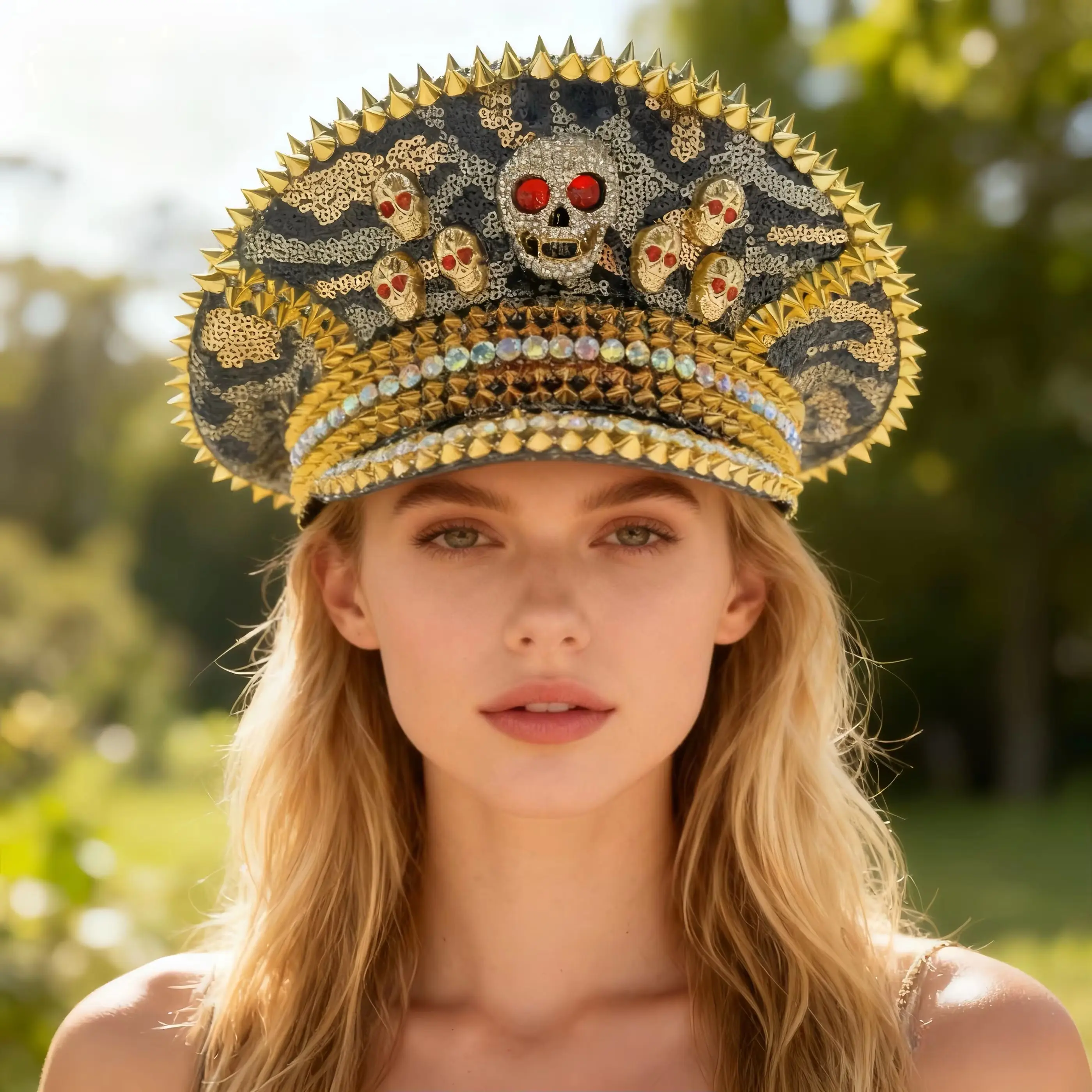 

Day of the Dead Steampunk Captain Hat Rhinestone for Halloween Woman, Golden Skull Military Accessories & Military Cap