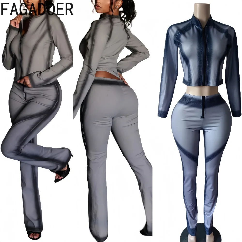 

FAGADOER Fashion 2 Pieces Set for Woman Outfits Tie-dye Long Sleeves Crop Top and Pants Matching Female Streetwear 2025 New