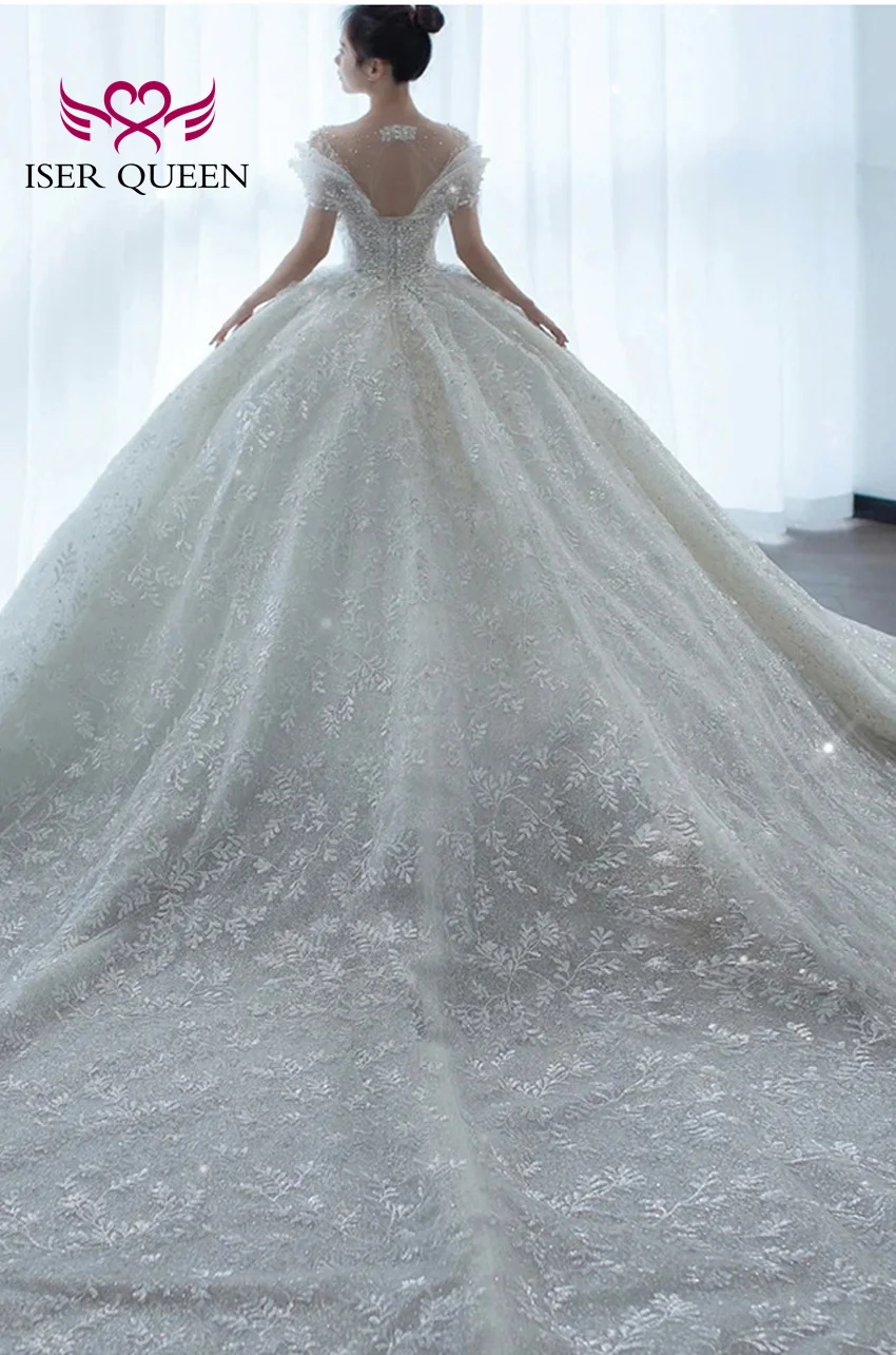 ที่กําหนดเองพิเศษแขนไข่มุกลูกปัดชุดแต่งงานชุดบอลลูกไม้ Appliques สวย Civil ชุดแต่งงานสําหรับเจ้าสาว WX0333