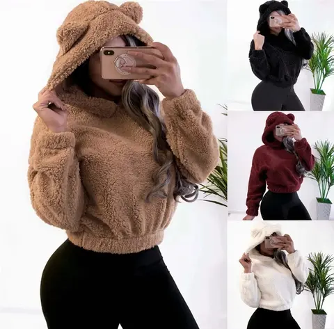 Winter  Fashion Bear Ears Cute Loose Hoodie Fluffy Hooded Warm Sweatshirt Long Sleeve Top Solid Pullover Clothes