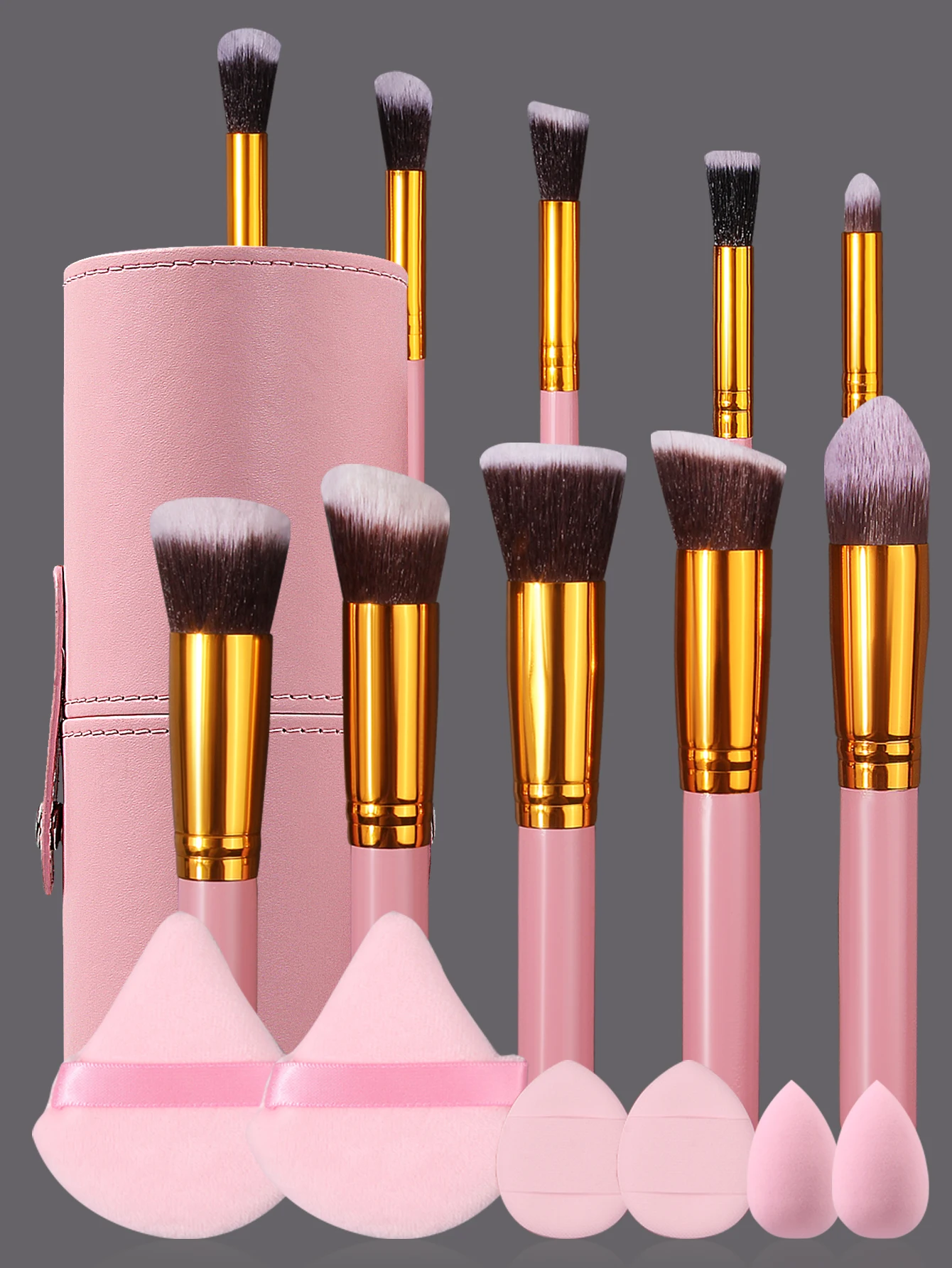 10 Make-up-Pinsel + 2 Mini-Beauty-Eier + 4 dreieckige/Daumen-Puderquasten + Aufbewahrungseimer – ein komplettes Set täglicher Make-up-Werkzeuge