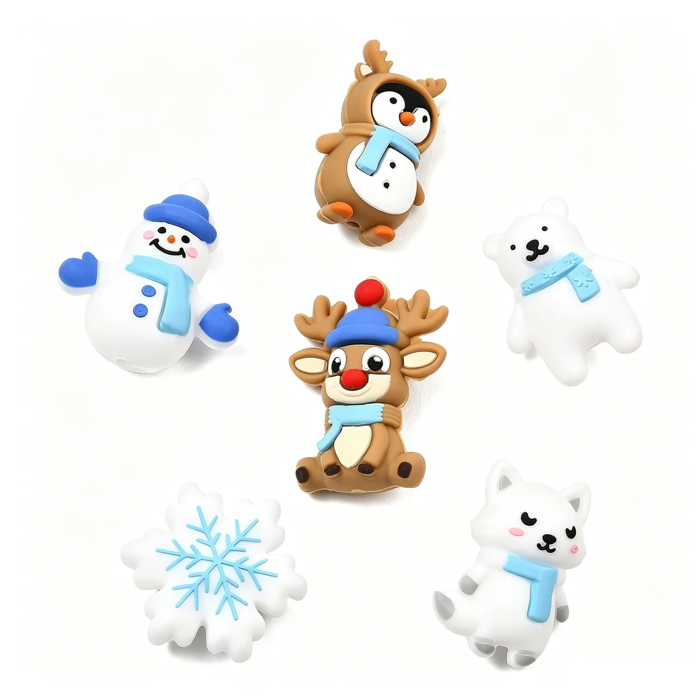 20pcs Winter Christmas Silicone Focal Beads Snowman Reindeer Polar Bear Penguin Fox Snowflake Spacer Beads for Jewelry Making