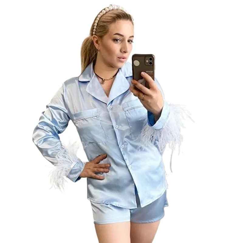 

Amazon Women's Solid Color Set Lapel Top Feather shorts Pants Two-piece Set Breathable and Comfortable Pajama Set temperament