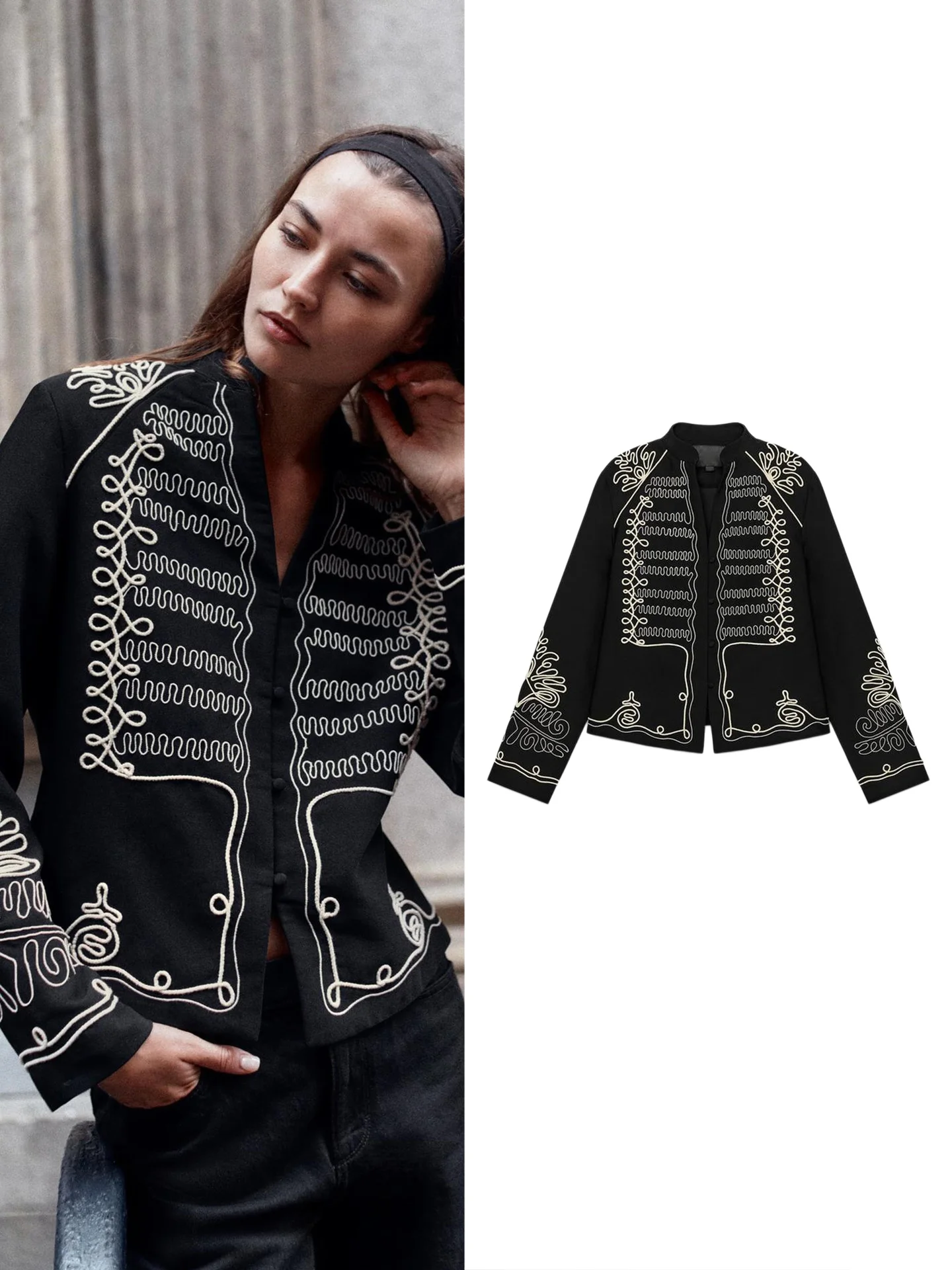 New Autumn Women's Long Sleeve Stand Collar Patchwork Embroidery Shoulder Pad Short Jacket Outerwear Casual Style Polyester F...