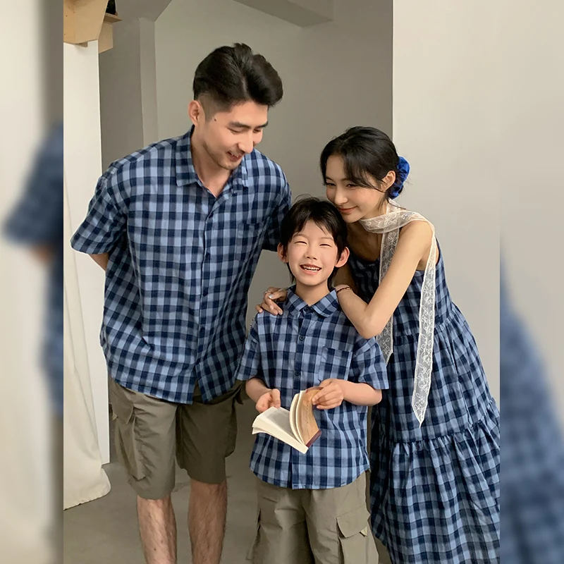 1-12 Year Girl Boy Siblings Short Sleeve Plaid Shirt S-3XL Mom Dad Family Matching Outfits Summer Clothing New Strapless Dress