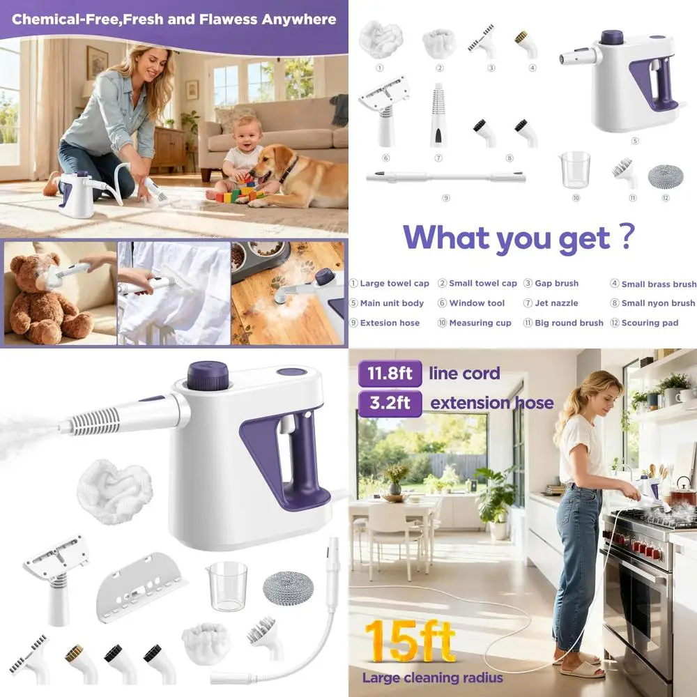 

High-Temperature Handheld Steam Cleaner for Home, Car, and Tile Grout with 13-Piece Kit