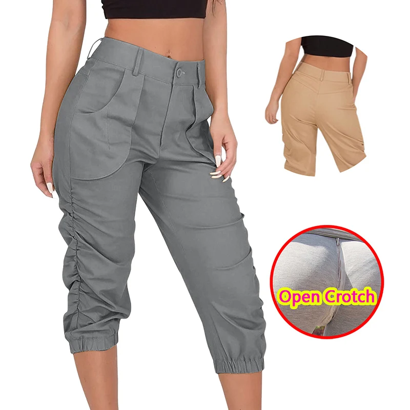 Woman Sexy Open Crotch Pants Cargo Daily Wear with Hidden Zipper Trousers Crotchless Chasity Cage Partner Wild Calf Shorts