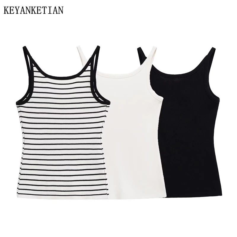 

KEYANKETIAN Summer New Women's Thread Knitted Versatile Round Neck Striped Strap Tank Top Women Small Top