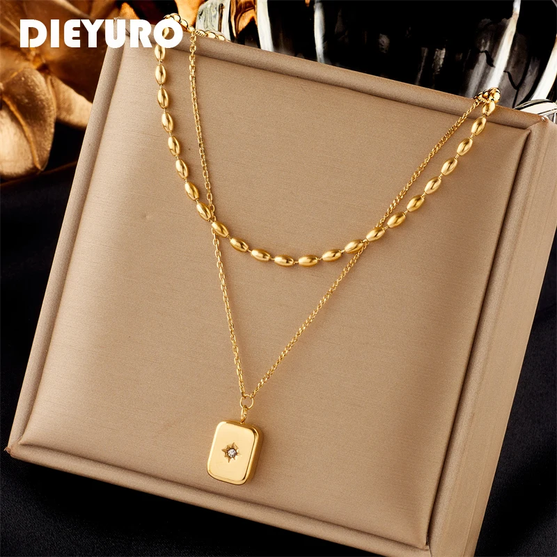 DIEYURO 316L Stainless Steel Cube Star Pattern Stone Pendant Necklace For Women New Trend Girls 2in1 Choker Chain Jewelry Gifts